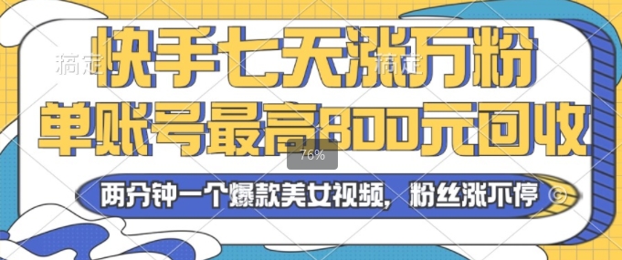 2024年快手七天涨万粉，但账号最高800元回收，两分钟一个爆款美女视频-中创网-创业项目大全_网络资源分享